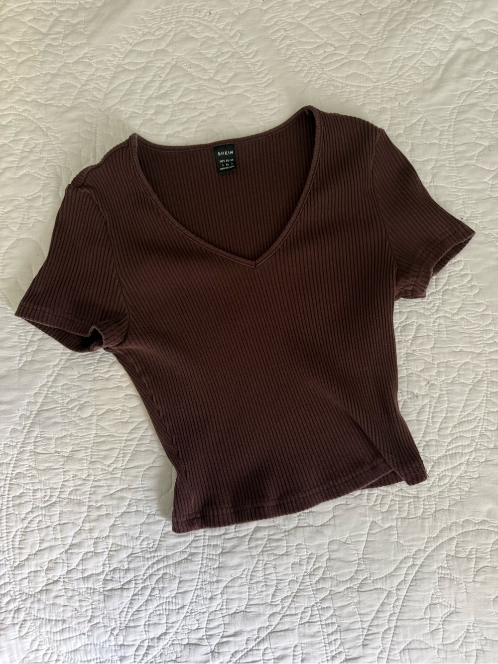 SHEIN Ribbed V-Neck Short Sleeve Top - Brown